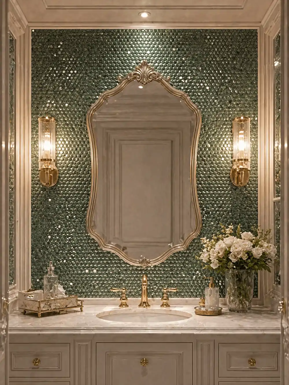 Marble Diamond Cut Mosaics Tiles White Green Feature Wall Splashback Round 179 S 2 Interiordesign  2